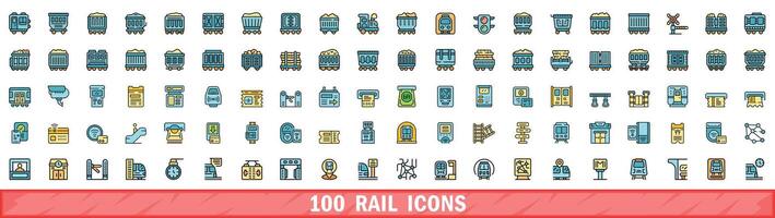 100 rail icons set, color line style vector