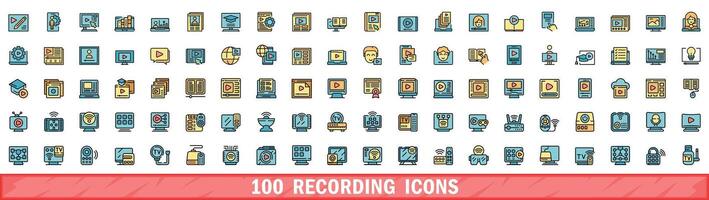 100 recording icons set, color line style vector