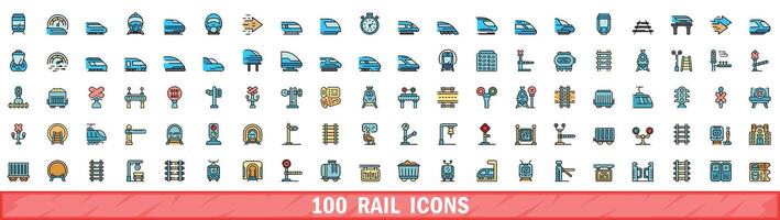100 rail icons set, color line style vector