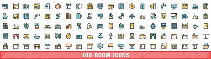 100 room icons set, color line style vector