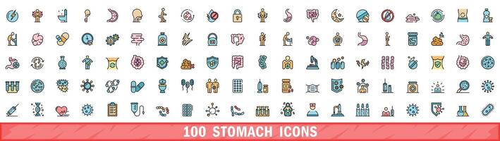 100 stomach icons set, color line style vector