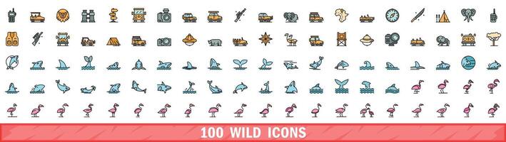 100 wild icons set, color line style vector