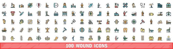 100 wound icons set, color line style vector