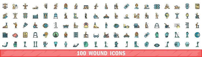 100 wound icons set, color line style vector