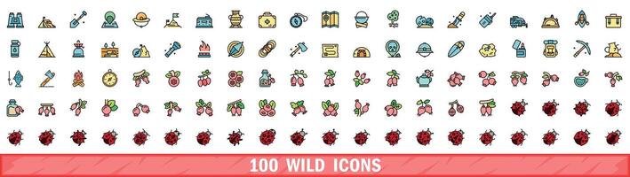 100 wild icons set, color line style vector