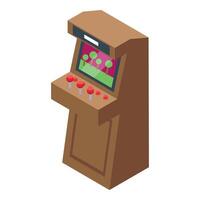 Arcade game machine displaying pixelated landscape is ready for gaming vector
