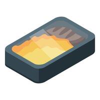 Plastic lunch box containing delicious meal of fish and mashed potatoes vector