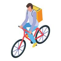 Delivery man riding bicycle delivering food order isometric view vector