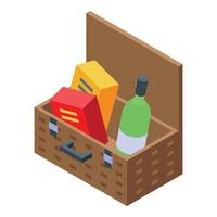Wicker picnic basket with wine and food isometric view vector
