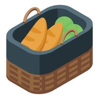 Wicker picnic basket containing bread and green apples for lunch break vector