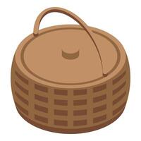 Round wicker basket with handle for camping trip is standing vector