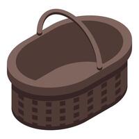 Empty wicker basket standing with raised handle isometric icon vector