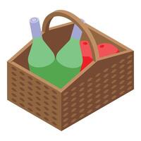 Wicker picnic basket filled with wine and apples for romantic lunch vector