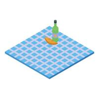 Blue checkered picnic blanket lying on ground with bread and wine isometric view vector