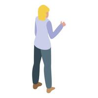 Businesswoman giving presentation pointing with hand showing something 3d isometric vector
