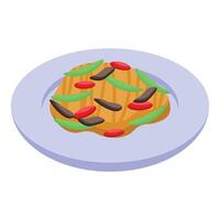 Grilled pork chop with green beans and tomato slices served on plate vector