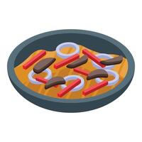 Frying pan containing delicious stew with meat, mushrooms and vegetables vector