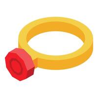 Gold ring with red gemstone shining brightly isometric icon vector