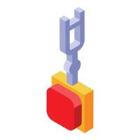 Robotic arm moving red cube with precision in isometric view vector