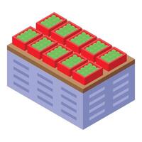 Green apples in red boxes stacked on a metal pallet in a warehouse vector