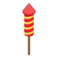 Red and yellow firework rocket standing on wooden stick isometric view vector