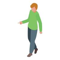 Young man pointing with finger while walking isometric icon vector