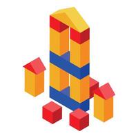 Kid building colorful toy tower with interlocking blocks vector