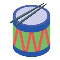 Colorful toy drum with drumsticks lying on top isometric illustration vector