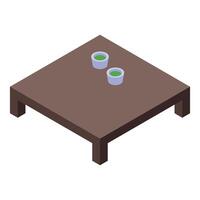 Square wooden table with two cups of green tea standing on top vector
