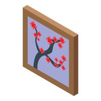 Wooden frame with blooming sakura branch is hanging on wall vector
