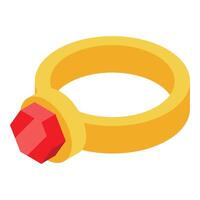 Golden ring with red gem is sparkling on white background vector