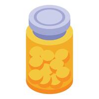 Glass jar filled with round yellow vitamins is standing on the table vector