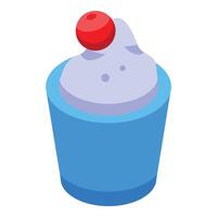 Blue cup containing dessert mousse topped with red berry and cream vector