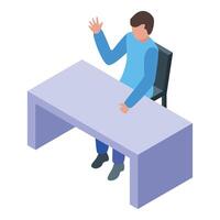 Smiling young man sitting at desk waving hand isometrically vector