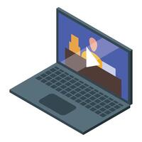 Businessman attending online meeting on laptop with play button on screen vector