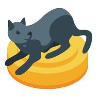 Grey cat licking itself while relaxing on a yellow pillow vector