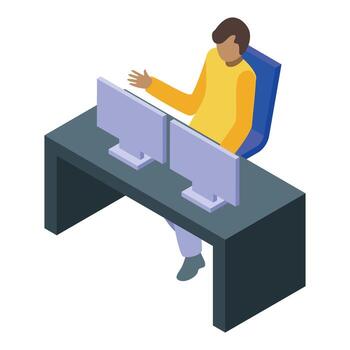 oficina trabajador utilizando dos monitores es explicando alguna cosa vector