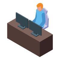 Young programmer working from home office using two monitors vector