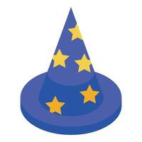 Blue wizard hat with yellow stars standing on white background vector