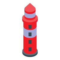 Red lighthouse guiding ships at night isometric icon vector