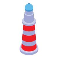Red and white lighthouse standing on shore guiding ships at sea vector