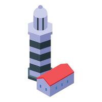 Lighthouse guiding ships with bright light at night isometric icon vector