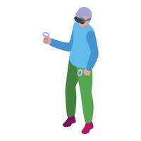 Senior man using virtual reality glasses holding controllers vector