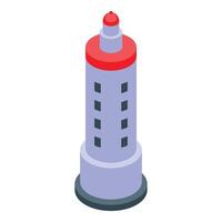 Tall lighthouse with red top guiding ships at sea isometric icon vector