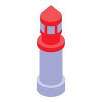 Red and grey lighthouse standing on shore guiding ships isometric icon vector