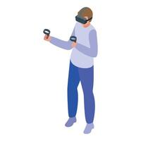 Gamer wearing virtual reality glasses playing using controllers isometric icon vector