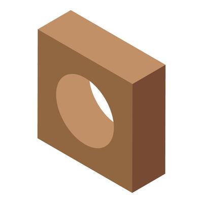 Brown cube showing a circular hole in isometric view