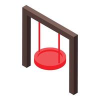 Red round swing hanging on wooden construction isometric playground object vector