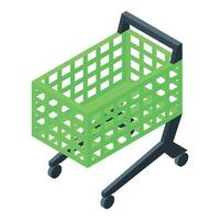Green empty shopping cart standing on the wheels isometric view vector