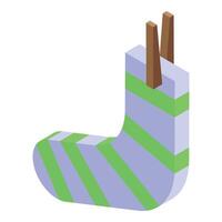 Striped sock hanging on clothesline with clothespins isometric icon vector